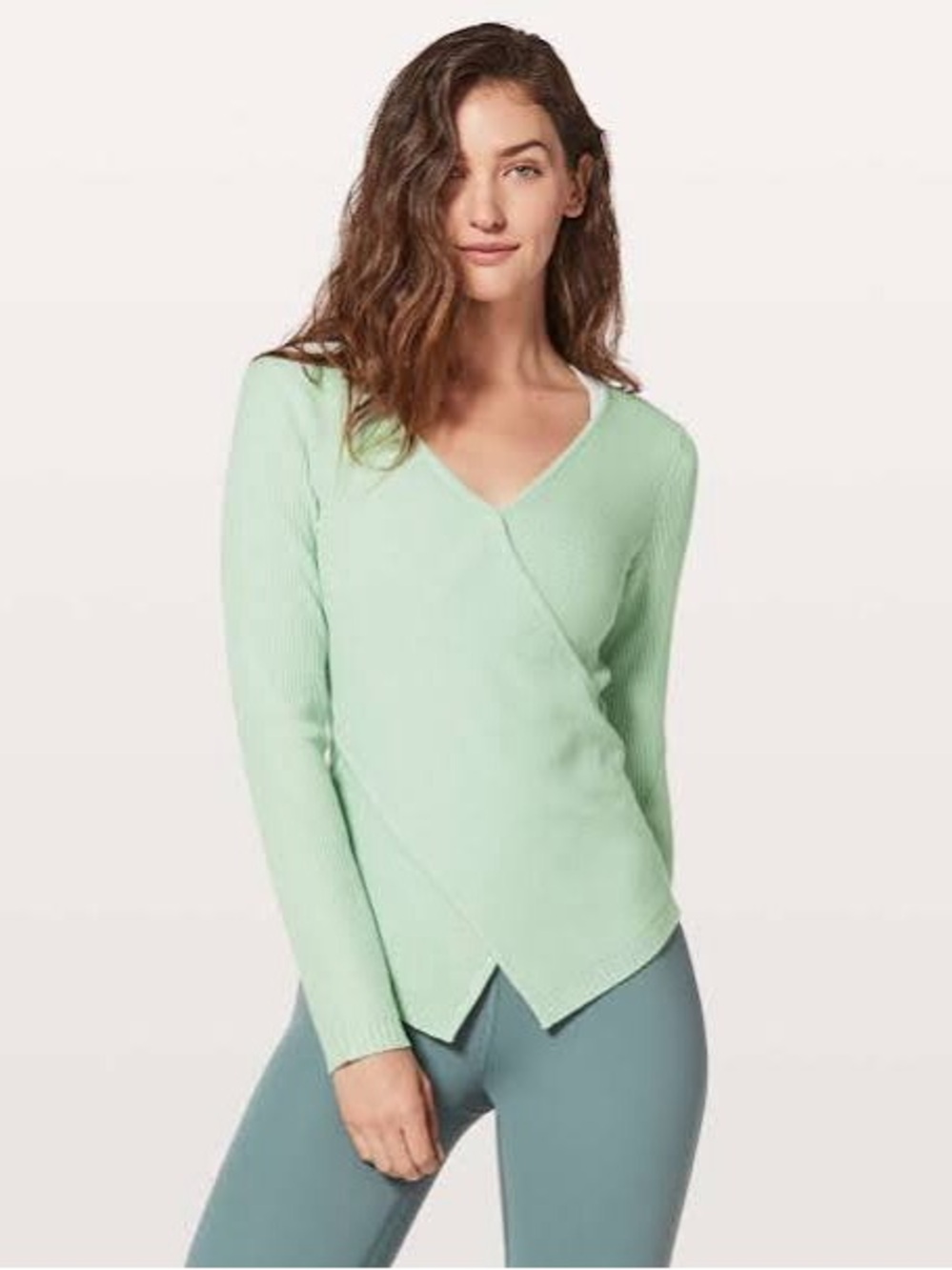 058 Lululemon Merino Wool-Blend Ribbed Long Wrap It Back Sweater in Mint Green